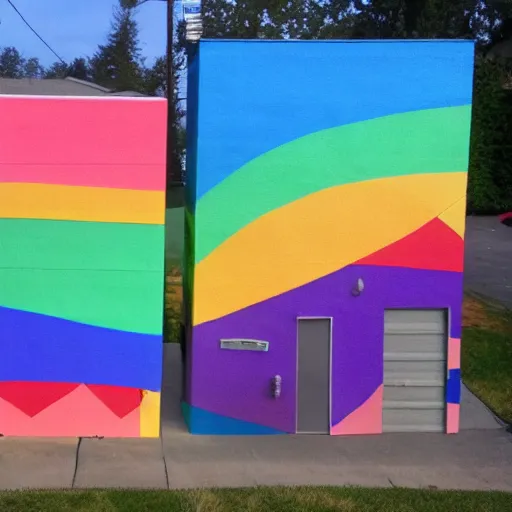 Prompt: two suburban houses painted like rainbow dash and twilight sparkle