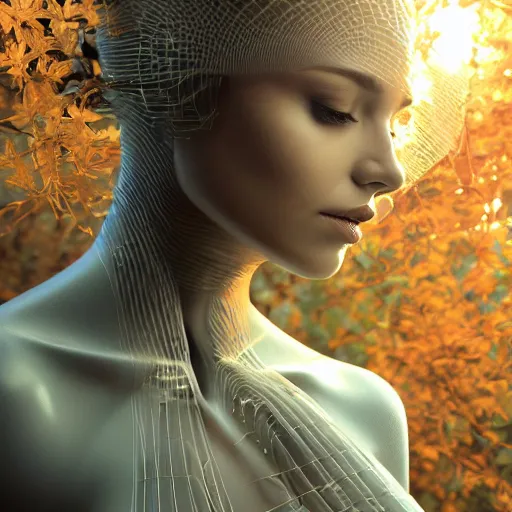 Image similar to a highly detailed digital image of a futuristic woman elegantly wrapped with robotic leaves, by Andrea Chiampo, artstation and Frederik Heyman, extremely detailed woman, stunning volumetric lighting, hyper realism, fantasy 4k