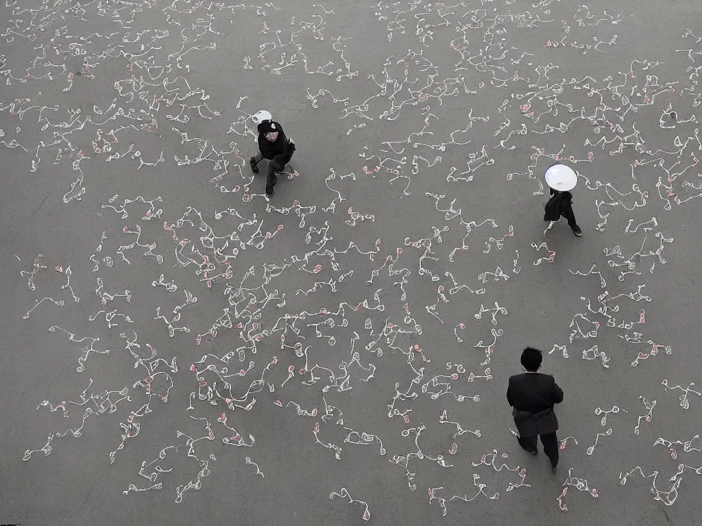 Prompt: ‘The Center of the World’ (in the style of Cai Guo-Qiang gunpowder on paper) was filmed in Beijing in April 2013 depicting a white collar office worker. A man in his early thirties – the first single-child-generation in China. Representing a new image of an idealized urban successful booming China.