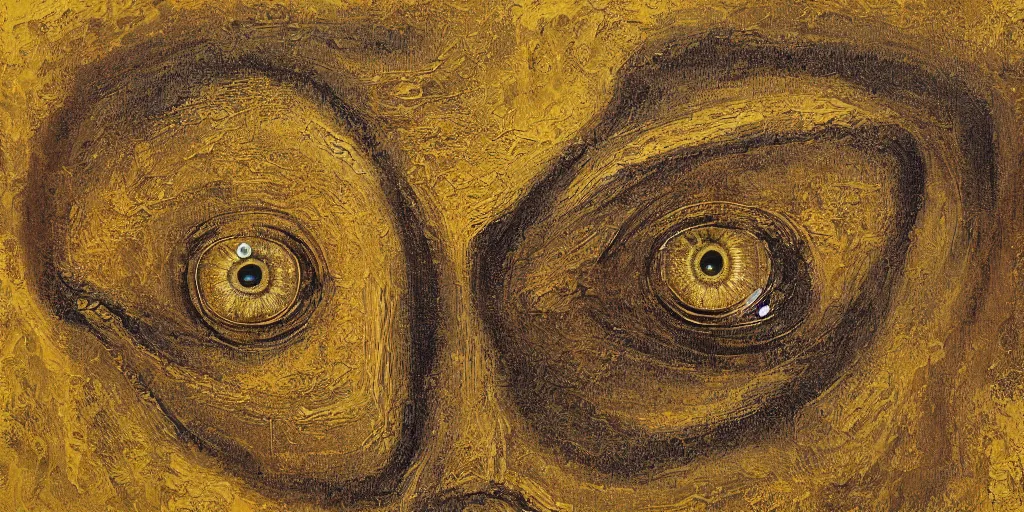 Prompt: a surreal painting of giant buddahs eyes floating in the desert in gold color palette