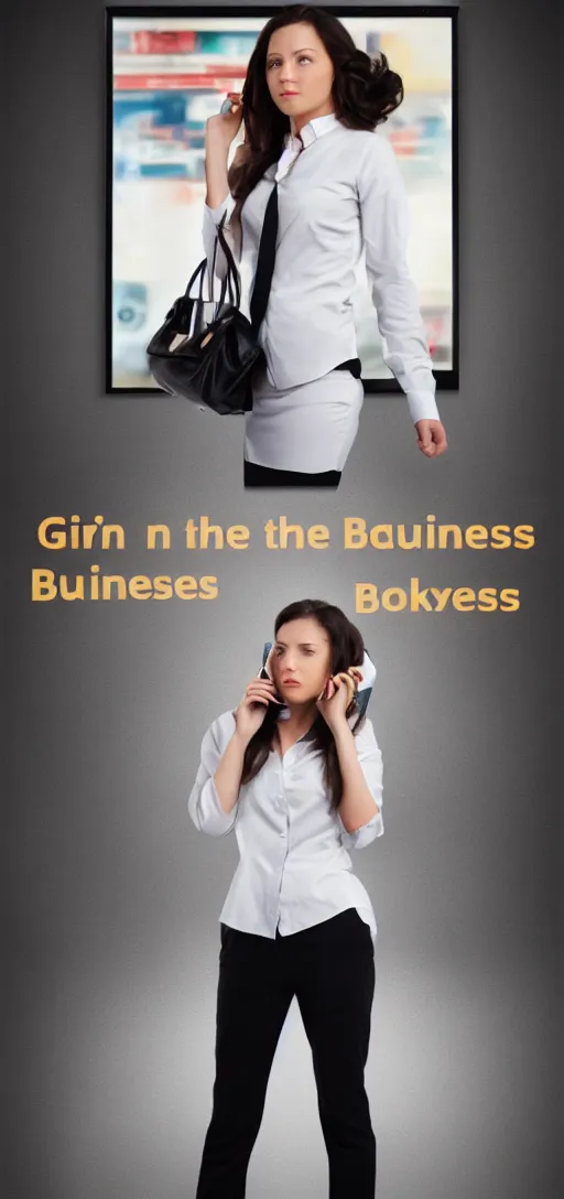 Image similar to girl on the phone, business clothing, movie poster style