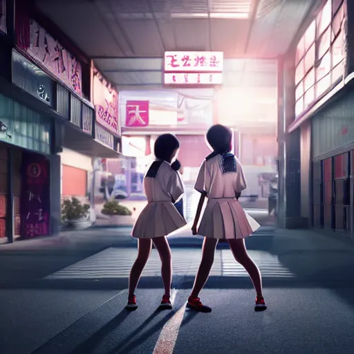 Image similar to two japanese schoolgirls fighting in the parking lot of a store at night, intricate details, complementary lighting, detailed face, backlighting, octane render, raytraced, depth of field, extremely detailed, trending in artstation, sharp focus, radiant light, beautiful composition, yihao ren, zochi, zero - hour, jean paul fiction