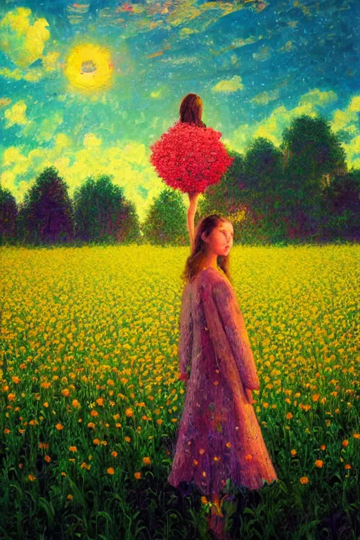 Image similar to giant flower face, girl standing in flower field, surreal photography, big trees, sunrise dramatic light, impressionist painting, colorful clouds, digital painting, pointillism, artstation, simon stalenhag