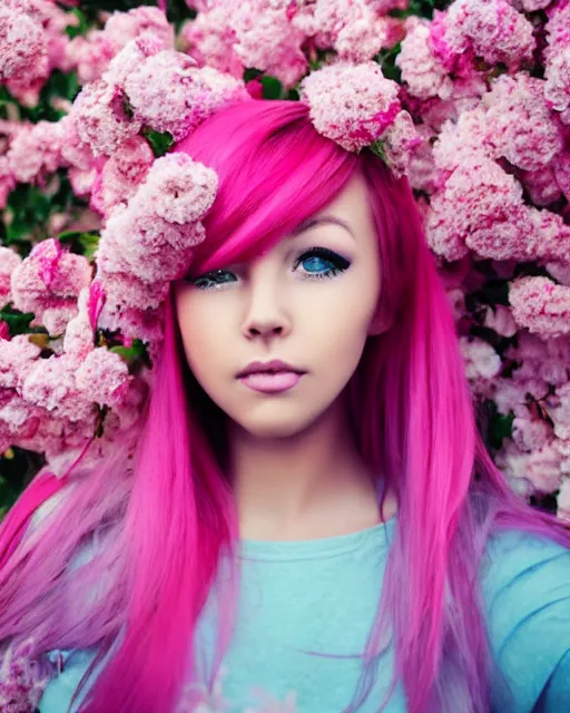 Prompt: beautiful girl, pink glowing hair, wind blowing, big eyes, cute, clear clean face, symmetrical face, blurry background, posing, high contrast, three quartered turned angle, surrounded by flowers