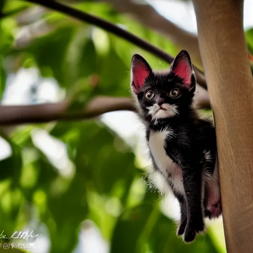 Image similar to a bat kitten, in a tree, Canon EOS R3, telephoto, very detailed, 4k