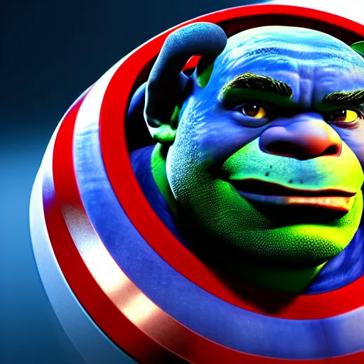 Image similar to digital painting of Shrek as Captain America, octane render, volumetric lightening, by marvel