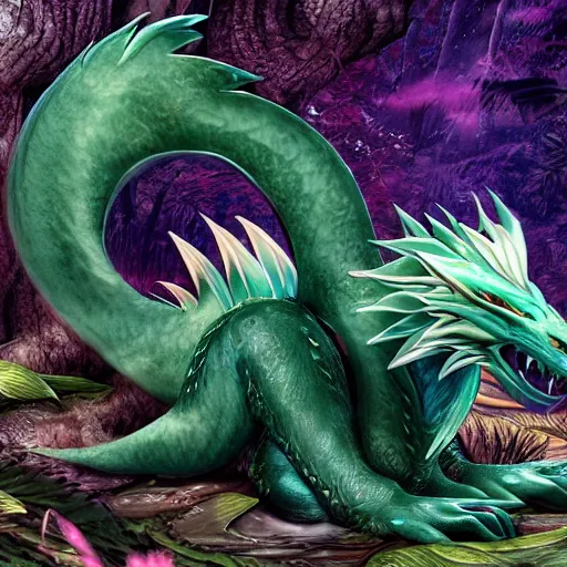 Prompt: A green, blue dragon with an elegant and long body and wolf like face, it has fur and leathery wings, sitting on a clearing in a flowery, jungle, detailed, mtg, realistic