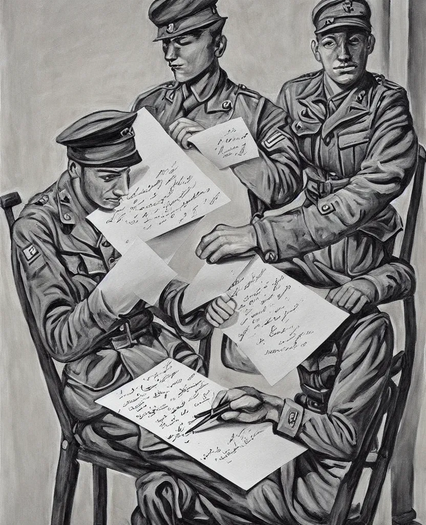 Image similar to a beautiful painting of a soldier's hand writing a letter to home with wwii in background, black and white, painted by escher