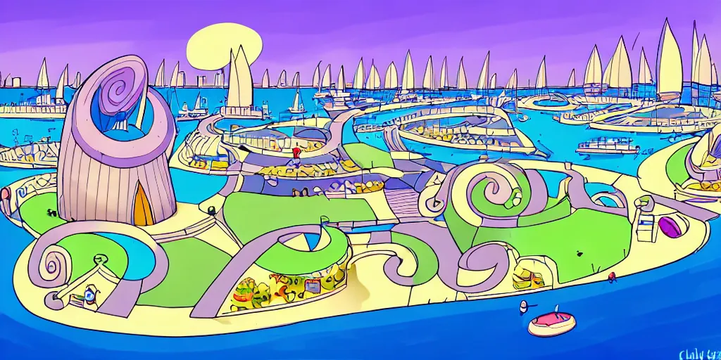 Image similar to chubby spiral shape cartoon concept art, docklands near the sea, from lorax movie, sam and max