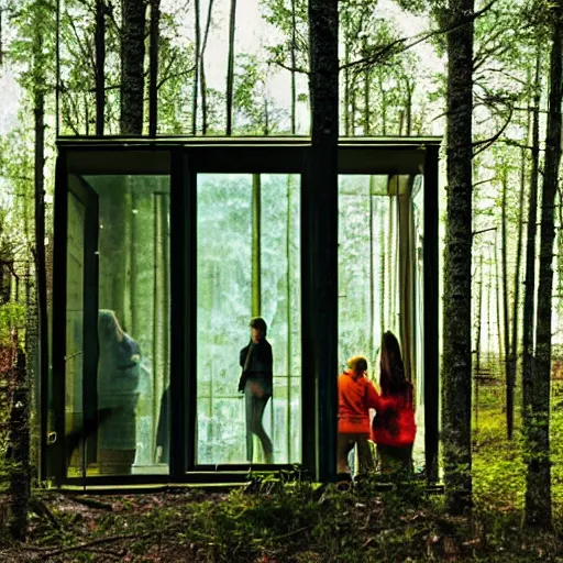 Prompt: people inside a glass cabin in the forrest