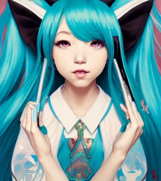 Image similar to portrait of disney! hatsune miku!!!!!, intricate, elegant, highly detailed, digital painting, artstation, concept art, smooth, sharp focus, illustration, art by artgerm and greg rutkowski and alphonse mucha and uang guangjian and gil elvgren and sachin teng and wlop, symmetry!!