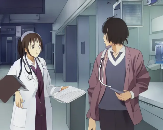 Image similar to a cute and beautiful young female doctor wearing white coat are talking with an old professor in a hospital, slice of life anime, lighting, anime scenery by Makoto shinkai
