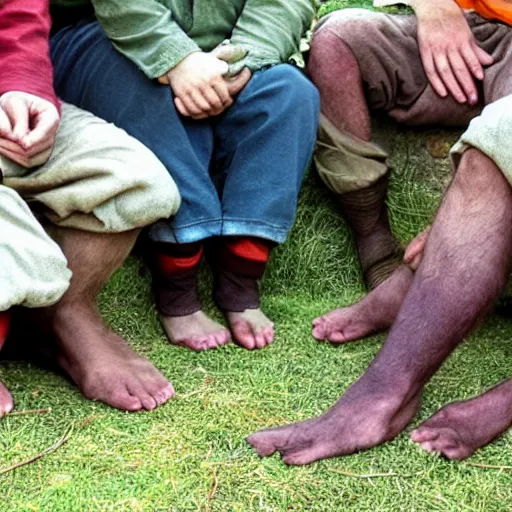 Image similar to a group of hobbits admiring the hairiness of their feet