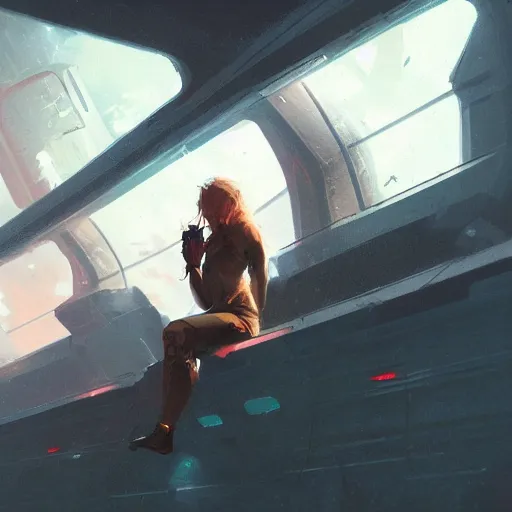 Image similar to scifi art by greg rutkowski, a very tall and slender woman with blond hair, sitting with the crew on the spaceship's bridge, dark lighting atmosphere, detailed portraits, nostalgic atmosphere, scifi, digital painting, artstation, concept art, smooth, sharp foccus ilustration, artstation hq