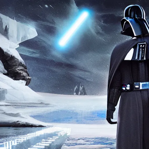 Image similar to darth vader's back in silhouette is in the foreground on the left, in the background on the right is is a superhero man who is made of ice, dangerous icy environment, cinematic, graphic novel, matte fantasy painting, extremely high detail, photo realistic, 4k, post processed, Artstation