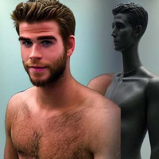 Image similar to “a realistic detailed photo of a guy who is an attractive humanoid who is half robot and half humanoid, who is a male android, actor Liam Hemsworth, shiny skin, posing like a statue, blank stare, at the museum, on display”