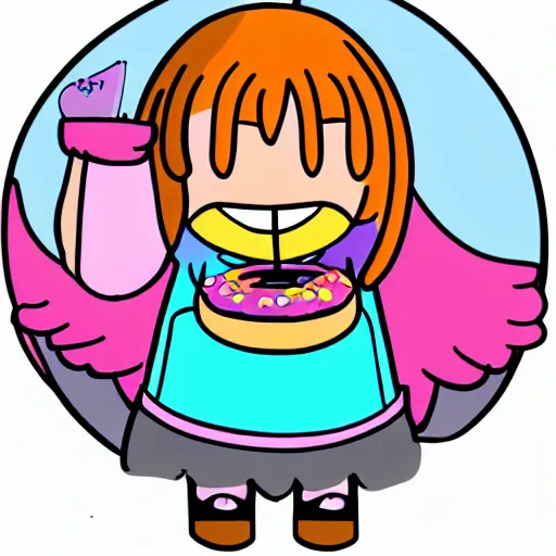 Image similar to Mabel Pines, gravity falls character, eating a donut, colourful, drawing, masterpiece, high detail, digital art
