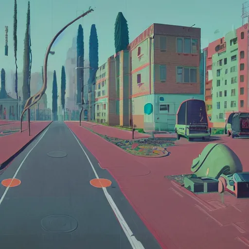 Prompt: image by simon stalenhag and wes anderson and alex andreev and chiho aoshima and beeple and banksy and kandinsky and magritte and basquiat and picasso