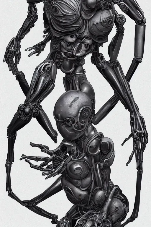 Prompt: cyborg space spider with gunmetal grey skin, medical anatomy, cyberpunk face, highly detailed, japanese, mecha asthetic, mechanical implants, three - view reference sheet ( front / back / side ), in the style of dan ouellette, dren from splice, hr giger, sil from species, artstation, unreal engine