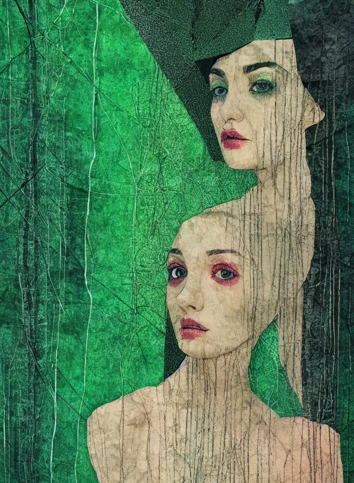 Prompt: symmetry!! cancer!!!! a girl wearing cloth in a dark green rain forest detailed analogue mixed media collage with canvas texture in the style of contemporary art complex, dramatic lighting, intricate, highly detailed, sharp focus, luminous