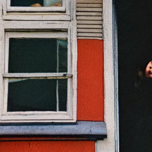 Image similar to zoomed cropped closeup of unexpected voyeuristic eye contact with neighbour in window, technicolor, telephoto lens, vintage photograph