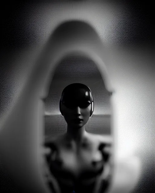 Image similar to black and white high quality photo of a female AI-queen-dragon-meshes-cyborg-doll looking into a sci-fi mirror, volumetric lighting, brutalism, foggy, dreamy, hyperdetailed, bokeh, photorealistic, cinematic, masterpiece, elegant, dark, in the style of Man Ray, octane render, 8K,