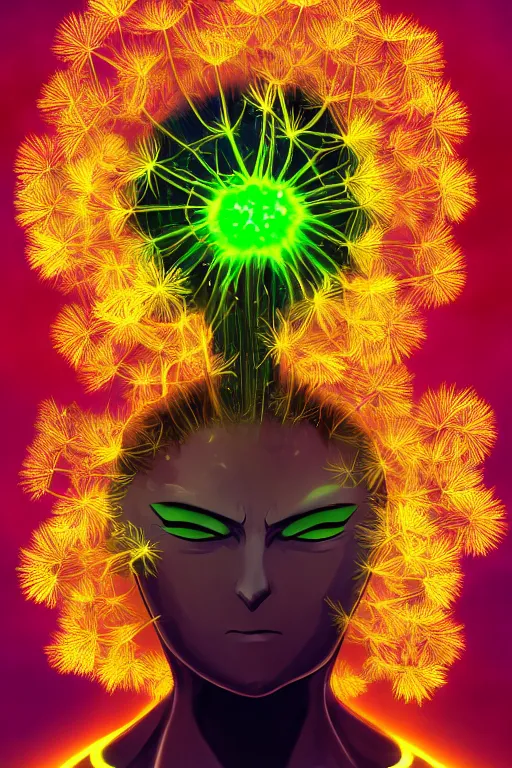 Image similar to nuclear mushroom cloud dandelion male anime character, symmetrical, highly detailed, digital art, sharp focus, trending on art station, green eyes, glowing radioactive colours