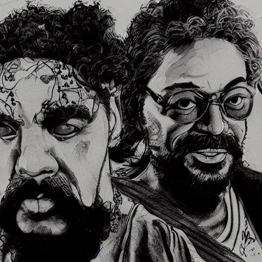 Image similar to portrait of cheech and chong, concept art, sumi - e style, intricate linework, artstation, trending, highly detailed, smooth, focus, art by yoji shinkawa,