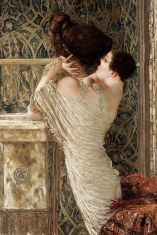 Image similar to a still of ashley graham in a lawrence alma tadema romantic painting