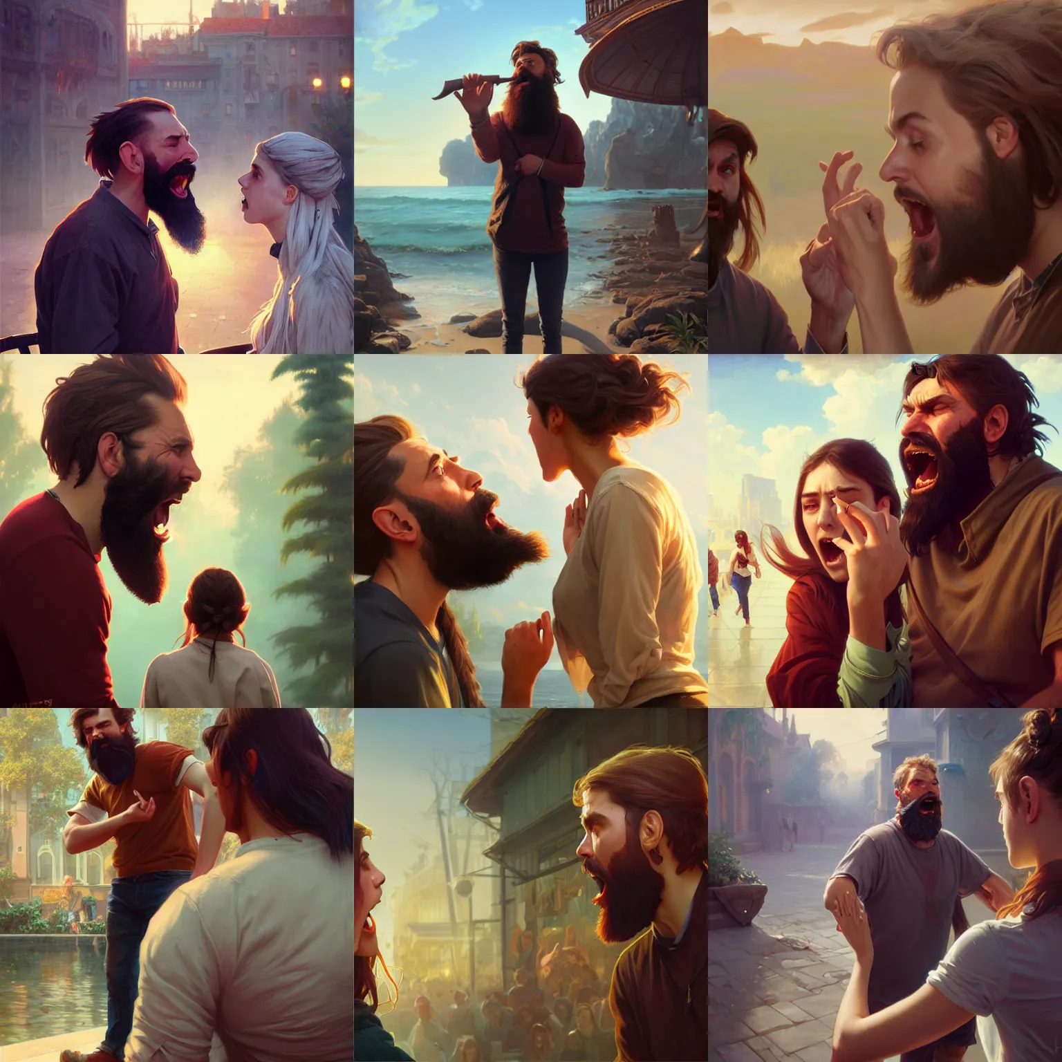 Prompt: bearded man is yelling at a teenage girl, highly detailed, professional digital painting, unreal engine 5, photorealism, hd quality, 8 k resolution, cinema 4 d, 3 d, cinematic, art by artgerm and greg rutkowski and alphonse mucha and loish and wlop