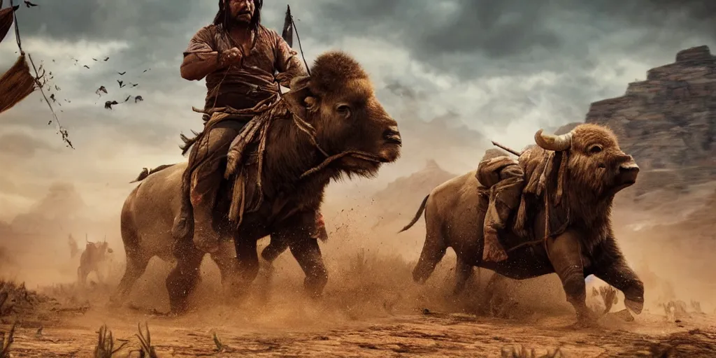 Image similar to indian tribe on wood ATV attacking bisons, action scene, an epic western, dramatic lighting, cinematic, establishing shot, extremely high detail, photorealistic, cinematic lighting, artstation, octane render, old photo, buffalo hunt movie, alpha movie, western