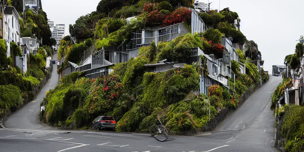Prompt: a very steep street in wellington, new zealand with multiple building covered in living walls made of endemic new zealand plant species. patrick blanc. windy rainy day. people walking in raincoats. 1 9 0 0's colonial cottages. harbour in the distance.