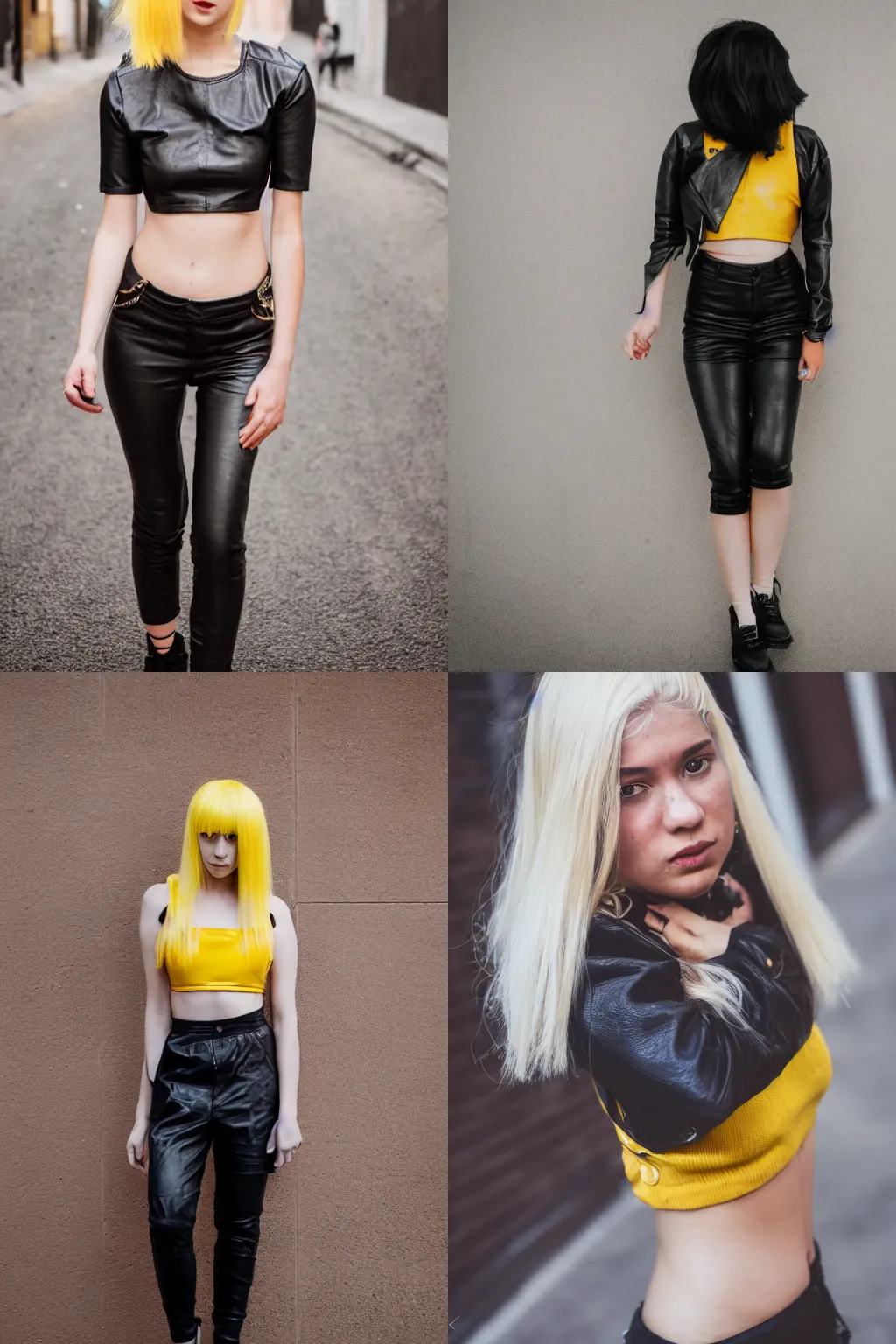 Prompt: 5 5 mm portrait photo of a girl with yellow hair wearing a leather crop top walking on a night street