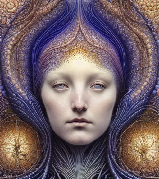 Image similar to detailed realistic beautiful space goddess face portrait by jean delville, gustave dore, iris van herpen and marco mazzoni, art forms of nature by ernst haeckel, art nouveau, symbolist, visionary, gothic, neo - gothic, pre - raphaelite, fractal lace, intricate alien botanicals, ai biodiversity, surreality, hyperdetailed ultrasharp octane render