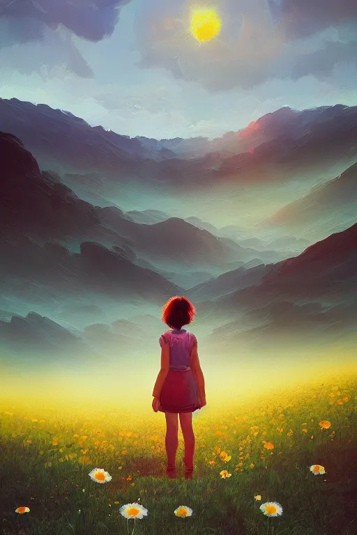 Image similar to giant daisy flower head, girl hiking in the mountains, surreal photography, sunrise, dramatic light, impressionist painting, colorful clouds, digital painting, artstation, simon stalenhag