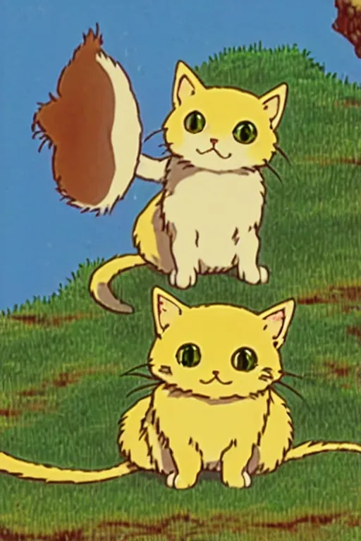 Image similar to a retro videogame showing a small yellow kitten with the belly upwards, studio ghibli anime