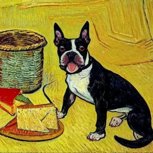 Image similar to a painting of a boston terrier eating cheese, in the style of van gogh, highly detailed