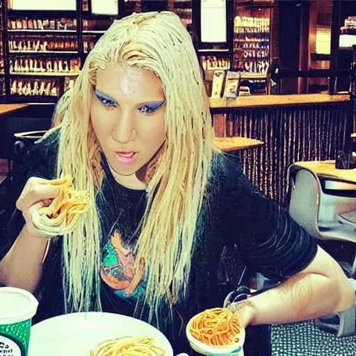 Image similar to “ ke $ ha eating spaghetti at a starbucks, detailed, realistic ”