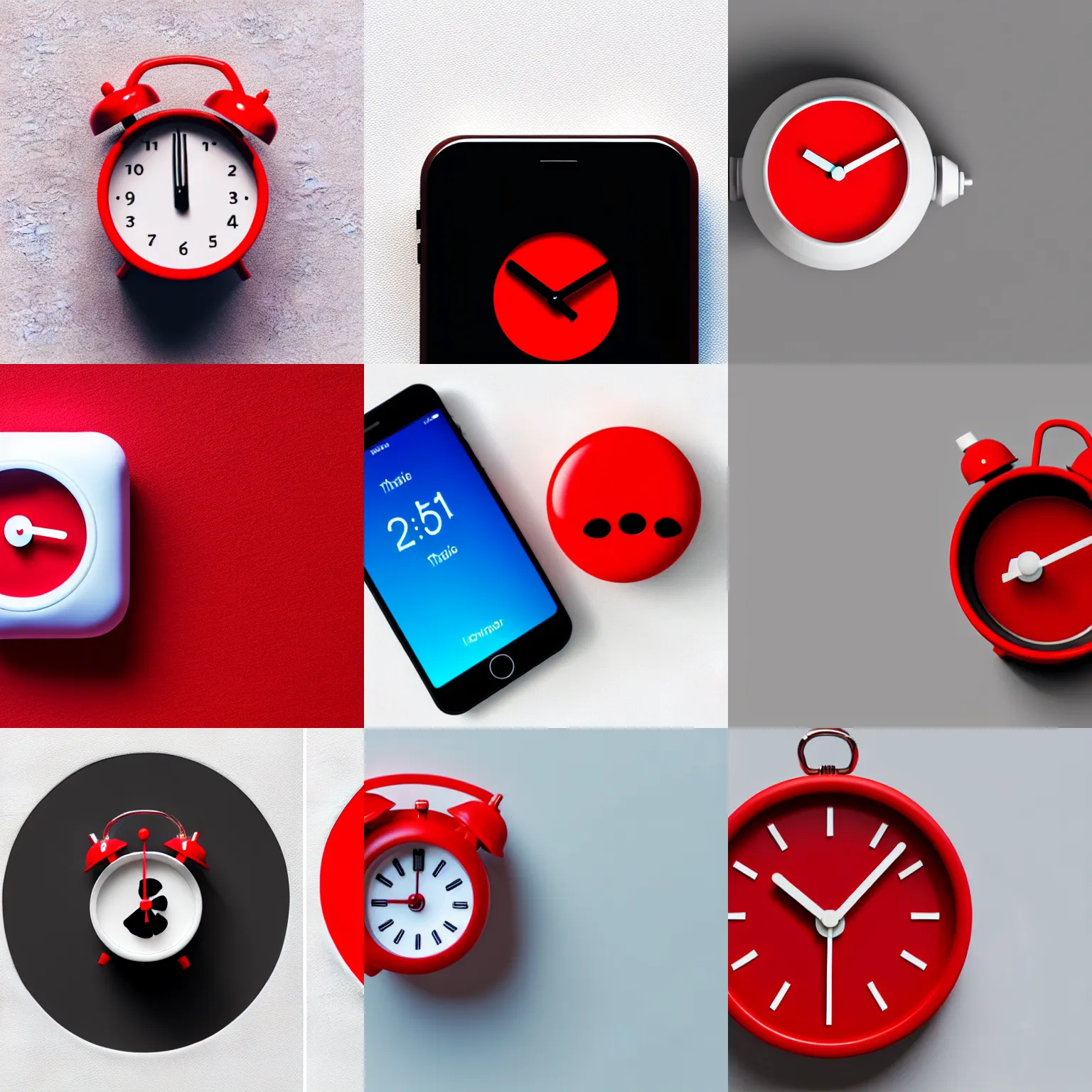 Prompt: Very tiny red alarm clock on a white background that looks like the iOS emoji and has the same colors, 3D clay render, 4k UHD, isometric top down left view, diffuse lighting, zoomed out very far