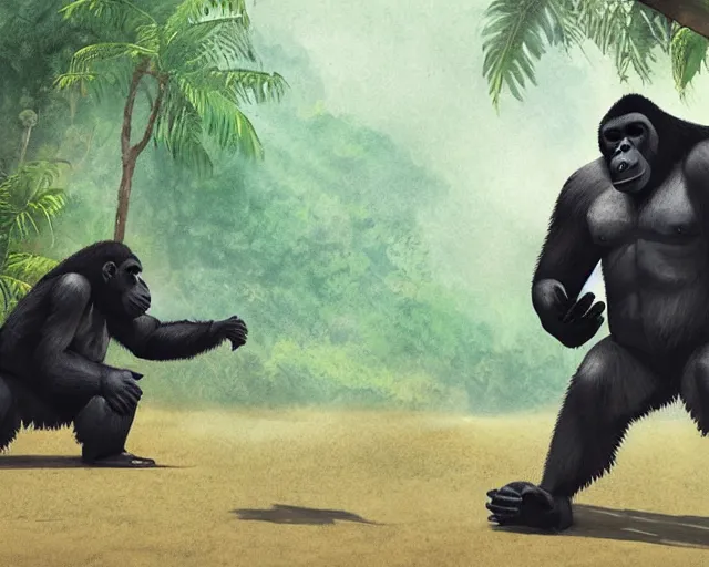 Prompt: a gorilla playing volleyball in a jungle, in the style of greg rutkowski