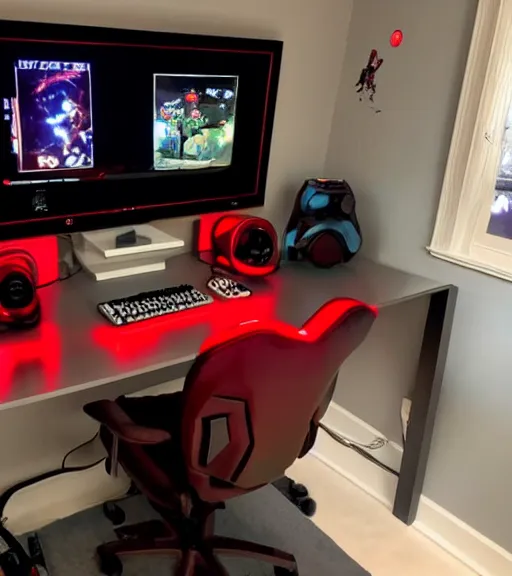 Image similar to gamer room with a person, red led lights, gamer chair