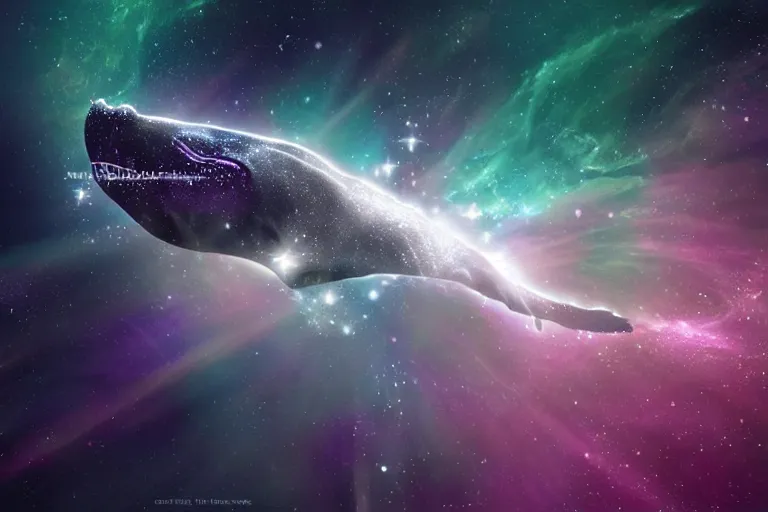 Image similar to a bioluminescent humpback whale swimming through a space nebula leaving stardust trails, digital art, photorealistic