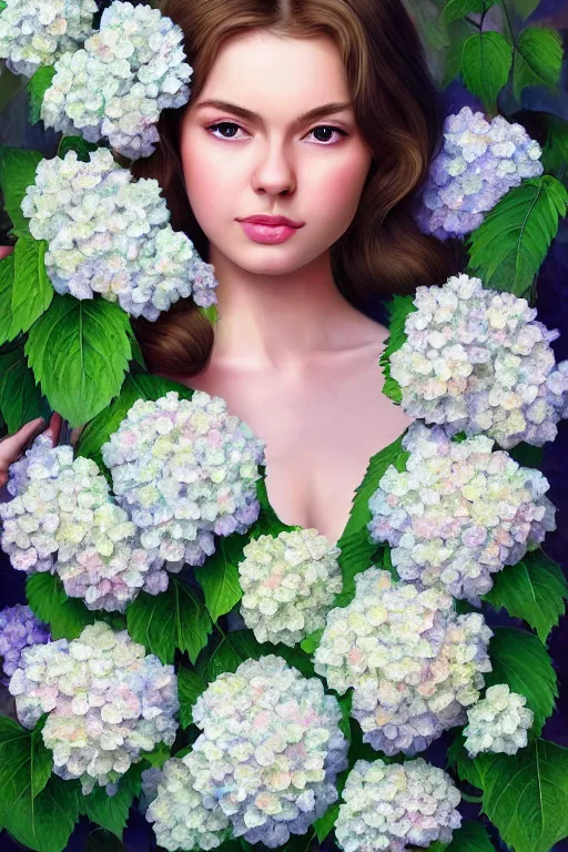 Prompt: hyper realistic digital painting of an angel of the garden hydrangea flowers , a beautiful young sexy woman who looks like a mix of Audrey Hepburn and Taylor Swift portrait , painting by Anna Dittman and Ayami Kojima, perfect skin, perfect face, gorgeous, symmetrical face, symmetrical body, artgerm, long flowing hair, realistic, photorealistic, editorial photograph, DnD portrait, Magic the Gathering, detailed, intricate, focused, muted colors, trending on artstation