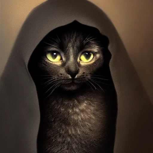 Image similar to a portrait of a kitten wearing a black hood, cloak covering face, anatomically correct, beautiful perfect face, enigmatic, oil painting, matte, black background, Volumetric dynamic lighting, Highly Detailed, Cinematic Lighting, Unreal Engine, 8k, HD, by Beksinski