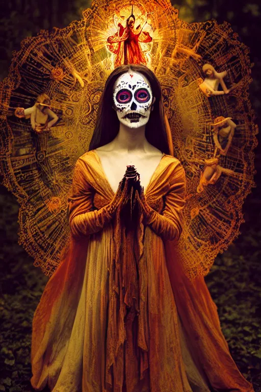 Image similar to heliography, virgin mary in dia de muertos dress and make up, horrific beautiful vibe, evocative, atmospheric lighting, painted, intricate, highly detailed, leesha hannigan, wayne haag, reyna rochin, ignacio fernandez rios, mark ryden, iris van herpen, stunning, gorgeous, sharp focus, cinematic, masterpiece