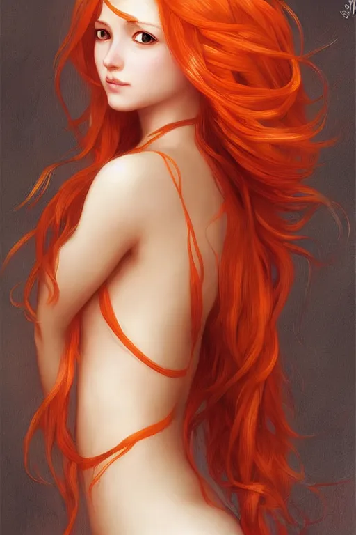 Image similar to nami, long orange hair, brown eyes, beautiful body, digital art from artstation by artgerm and william - adolphe bouguereau