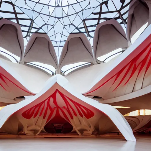 Image similar to futuristic lotus temple space station with gold, red and white marble panels, by santiago calatrava and buckminster fuller and syd mead, intricate contemporary architecture, photo journalism, photography, cinematic, national geographic photoshoot