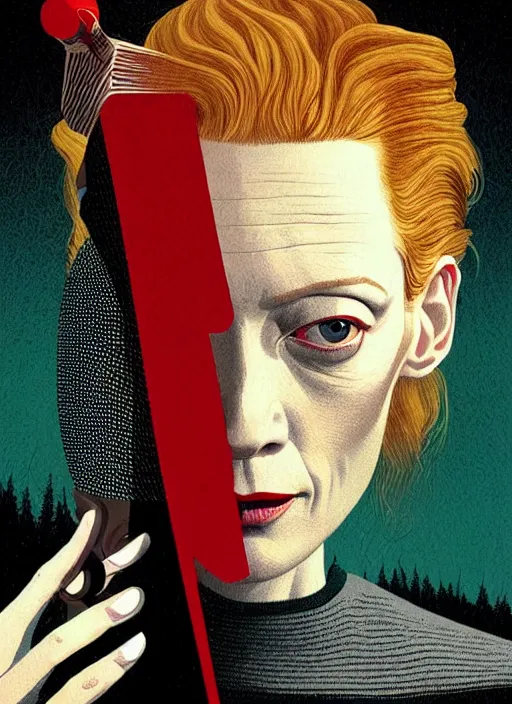 Image similar to Twin Peaks poster artwork by Michael Whelan, Bob Larkin and Tomer Hanuka, Karol Bak of portrait of radio host Tilda Swinton!!!!!!!!!! lounging in her radio sound booth, alone, late at night, from scene from Twin Peaks, simple illustration, domestic, nostalgic, from scene from Twin Peaks, clean, cover of New Yorker magazine