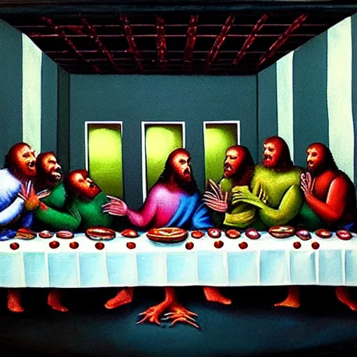 Image similar to aliens in the last supper, eating alien food, painting