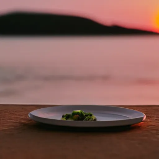 Image similar to photo of a empty white dish over a table with a sunset on the beach in the background